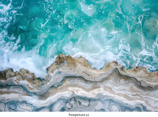 Aerial View of Ocean Waves Crashing on Rocky Coastline