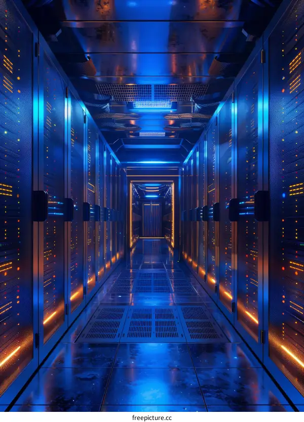 Blue and orange data center with many server racks