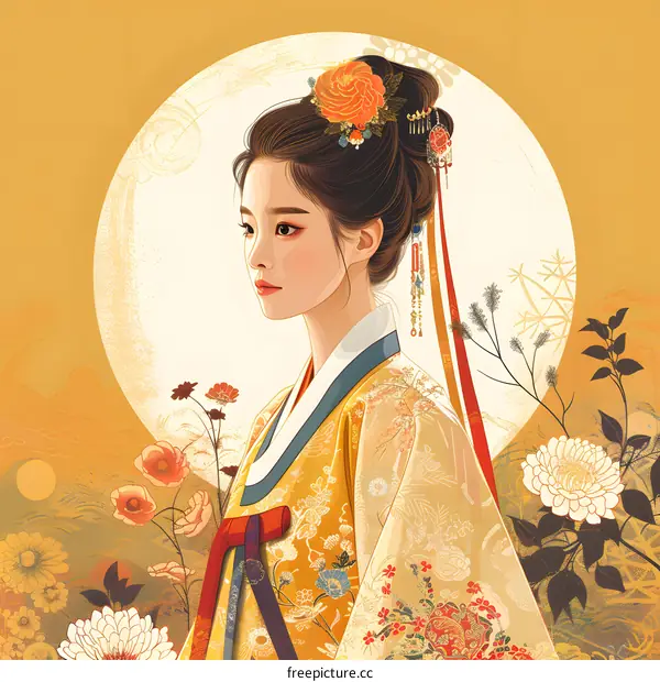 A beautiful illustration of a Korean woman in traditional dress, with flowers in her hair and a moon in the background.