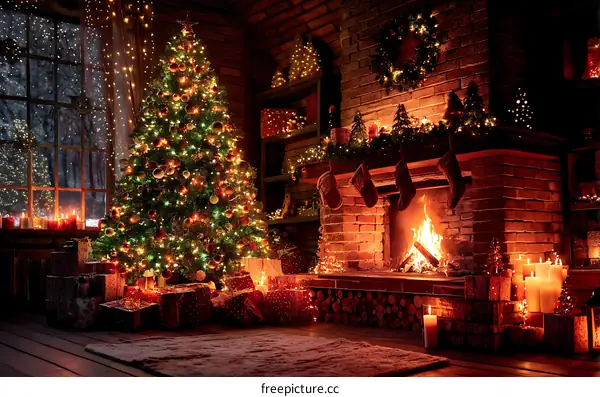Christmas Interior with Fireplace and Tree