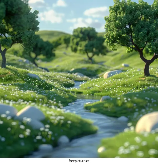 Small river meandering through a lush green meadow