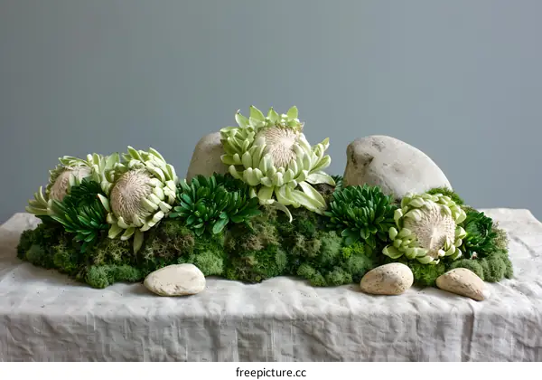 Green Proteas Flowers on Moss Bed With Stones