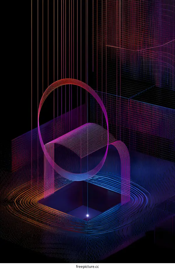 Abstract 3D Geometric Shapes With Neon Lines And Glowing Points