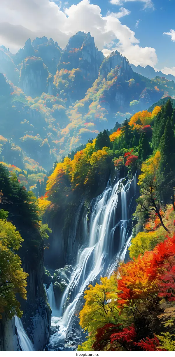 Autumn Waterfall Landscape with Mountain in Japan