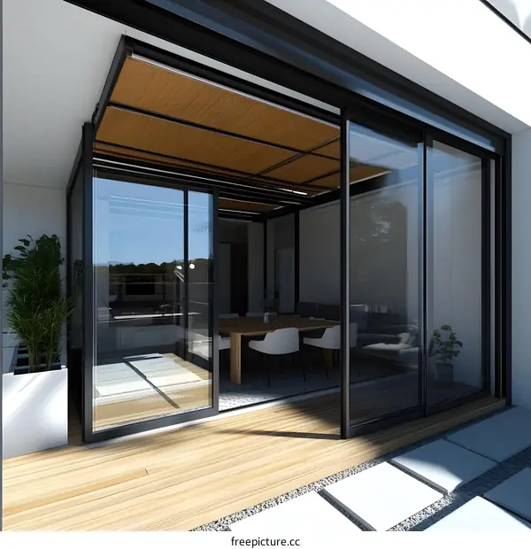 Modern Patio Design with Wooden Deck and Sliding Glass Doors
