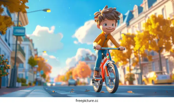 Young Boy Riding Bike on Tree-Lined Street in Autumn
