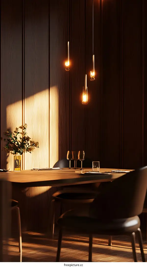 Modern Wooden Dining Room Interior With Sun Light