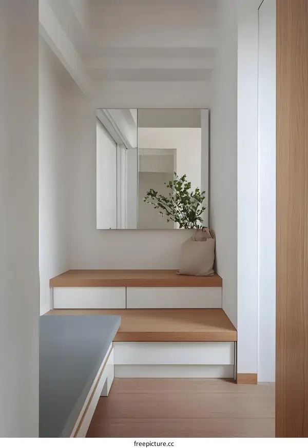 Minimalist Entryway Design with White Walls and Wooden Accents