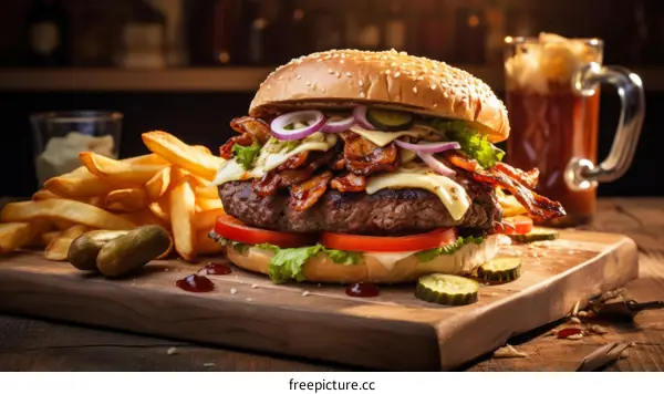A mouthwatering cheeseburger topped with bacon and fries