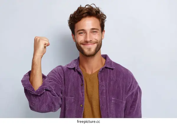 Happy Caucasian Man in Purple Corduroy Shirt