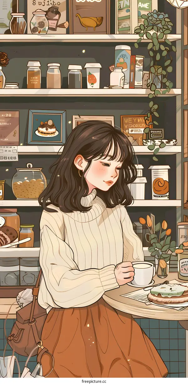 Girl Sitting in a Cafe With a Cup of Coffee