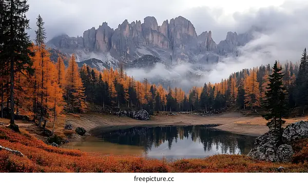 Autumnal Mountain Lake Scenery in the Dolomites