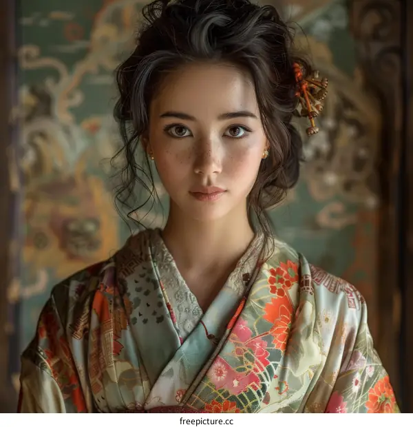 Portrait of a beautiful Asian woman in traditional Japanese kimono