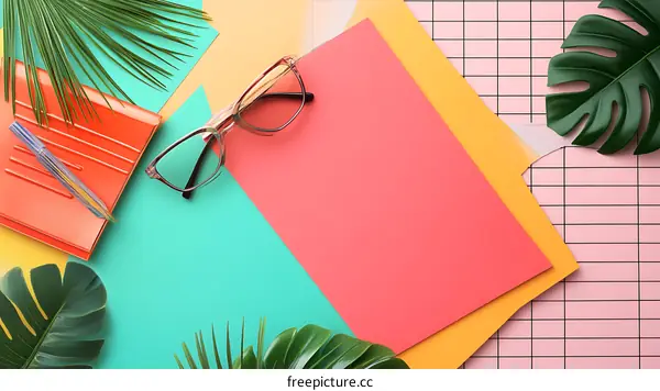 Summer Flat Lay With Tropical Leaves And Colorful Papers