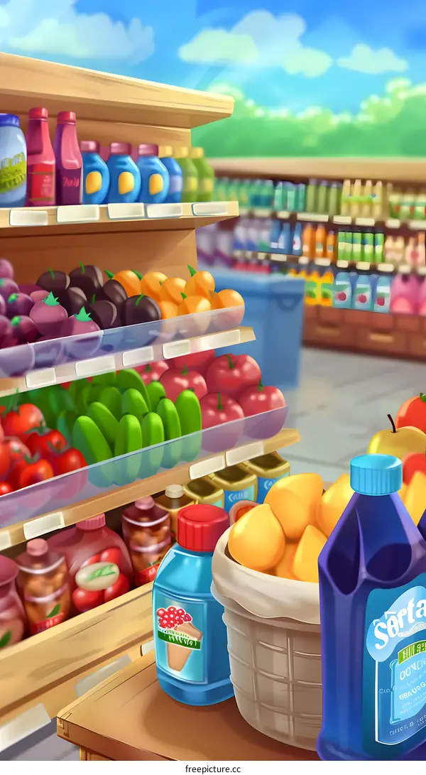 Supermarket Shelves Full of Fruit and Vegetables Illustration