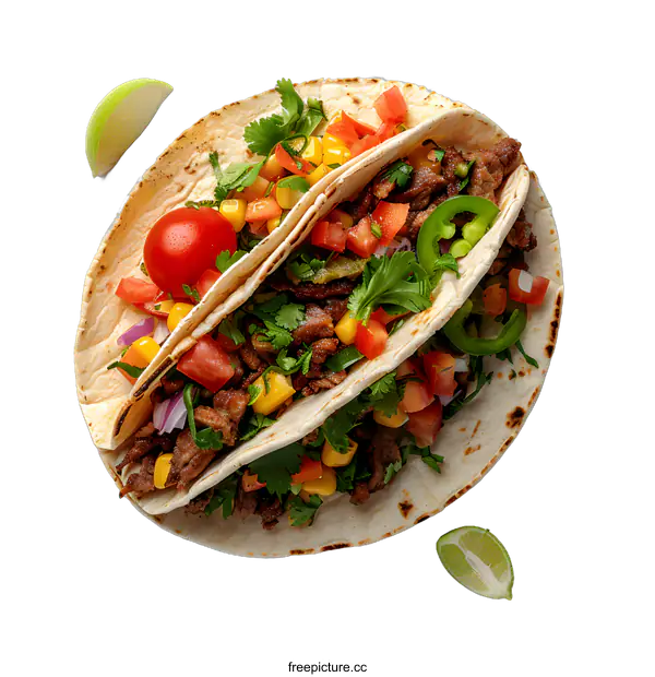 [Transparent Background PNG]Two delicious tacos with meat, tomatoes, corn and cilantro on a white background