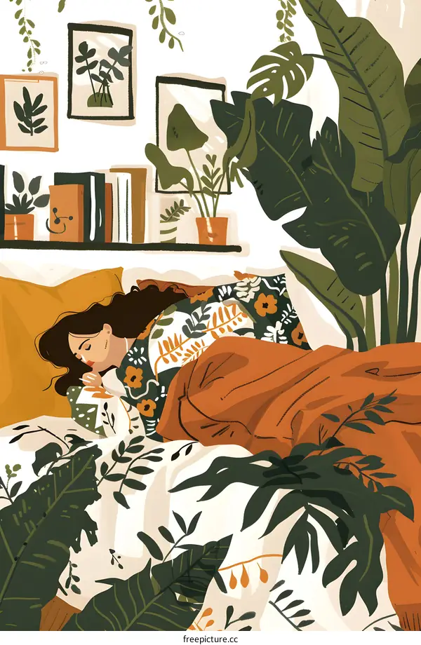Woman Sleeping in Bed Surrounded by Plants