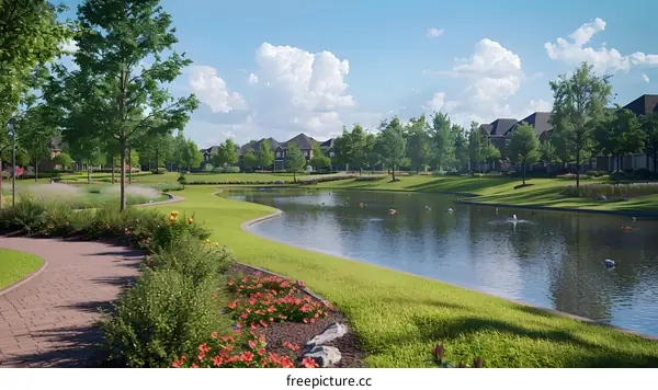 Landscaped Suburban Neighborhood with Pond and Walkway