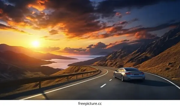 Golden Hour Scenic Drive: Sunset Over Mountain Lake