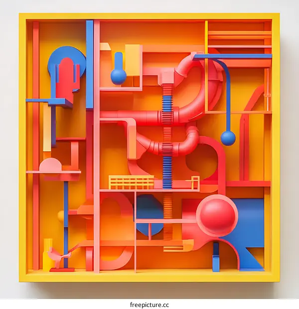 Abstract Geometric Maze with Colorful Shapes and Pipes