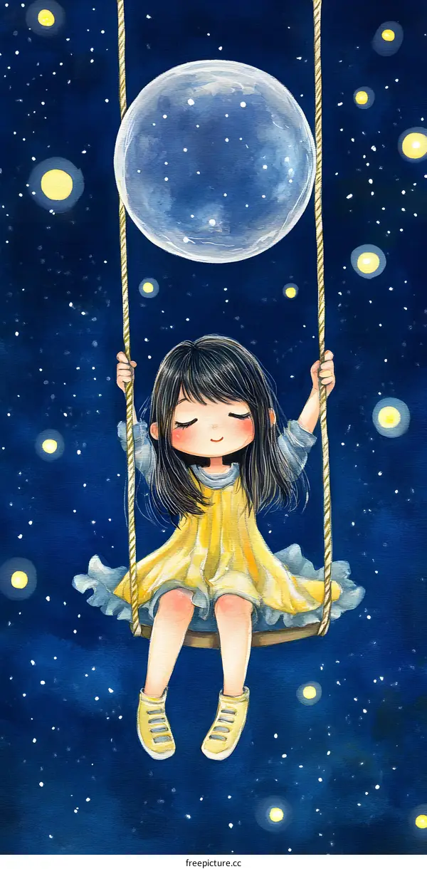 Little Girl Swinging on the Moon with Stars