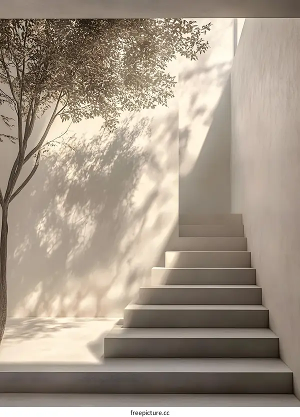 Minimalist Concrete Stairs and Tree Shadow