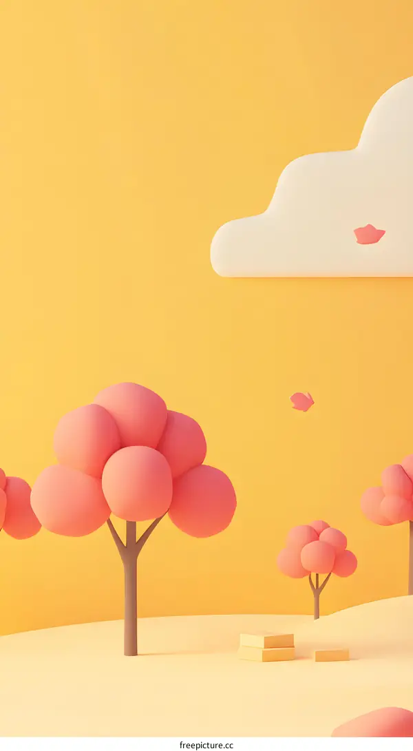 Yellow Background with Pink Trees and White Cloud 3D Illustration