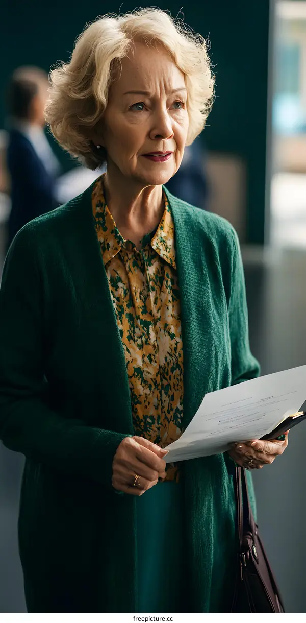 Portrait of a Mature Woman Holding Papers in a Green Cardigan