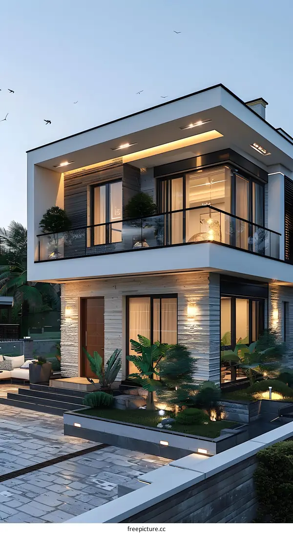 A modern two-story house with a balcony and a garden