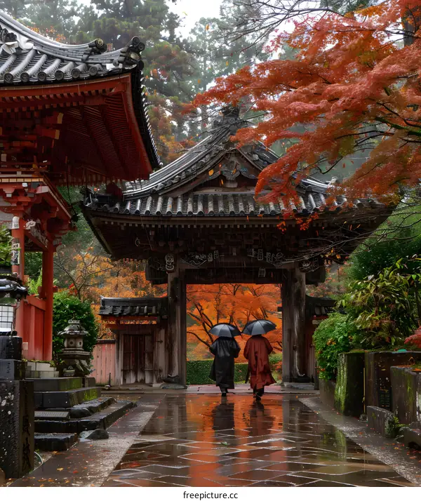 Japanese Temple Entrance With People Walking In Autumn