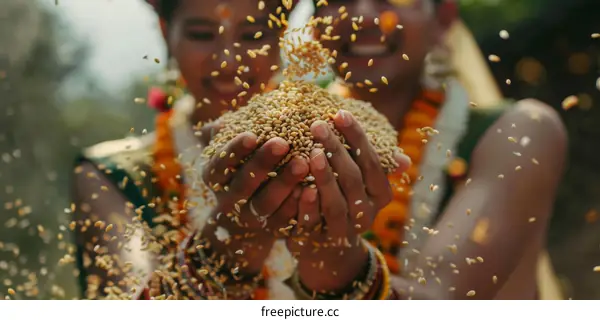 Indian couple holding handfuls of wheat