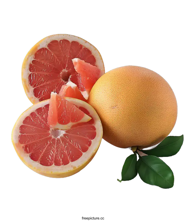 [Transparent Background PNG]Fresh Ripe Grapefruit with Green Leaves