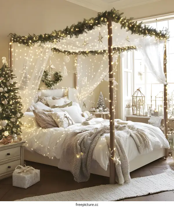 Christmas Decorated Canopy Bed in White Bedroom