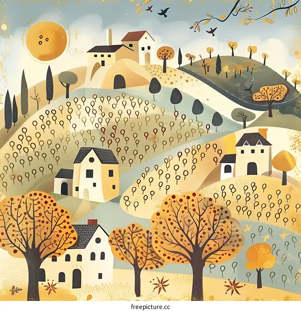 Autumn Landscape with Houses and Trees
