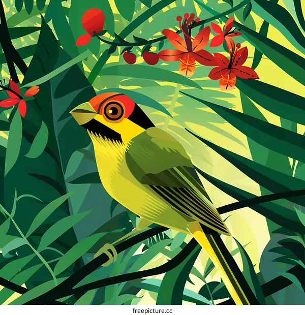 Tropical Bird in Lush Green Foliage