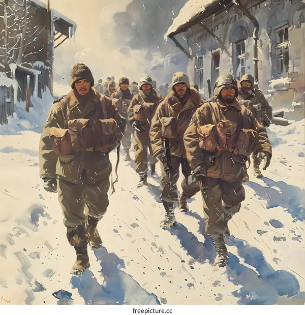 African American soldiers in winter gear advance through a snowy town