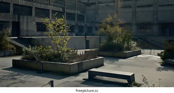 Concrete Courtyard With Bench and Plants