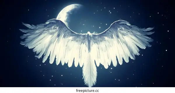 White Angel Wings With Moon And Stars In Night Sky