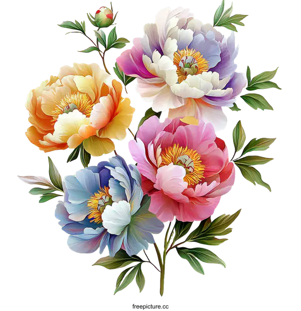 [Transparent Background PNG]Colorful Peony Flowers Illustration