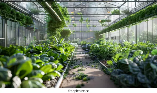 Greenhouse with lush plants growing in rows