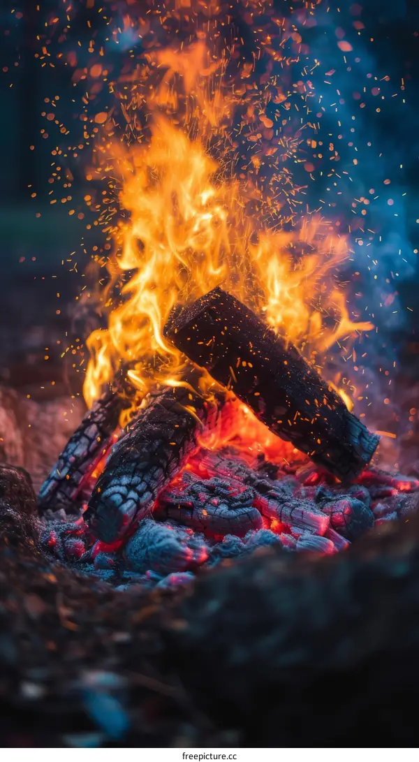 Burning wood campfire with bright orange flames and glowing embers