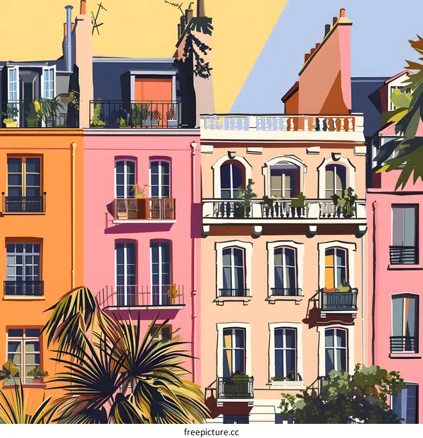 Colorful Buildings With Balconies And Palm Trees Illustration