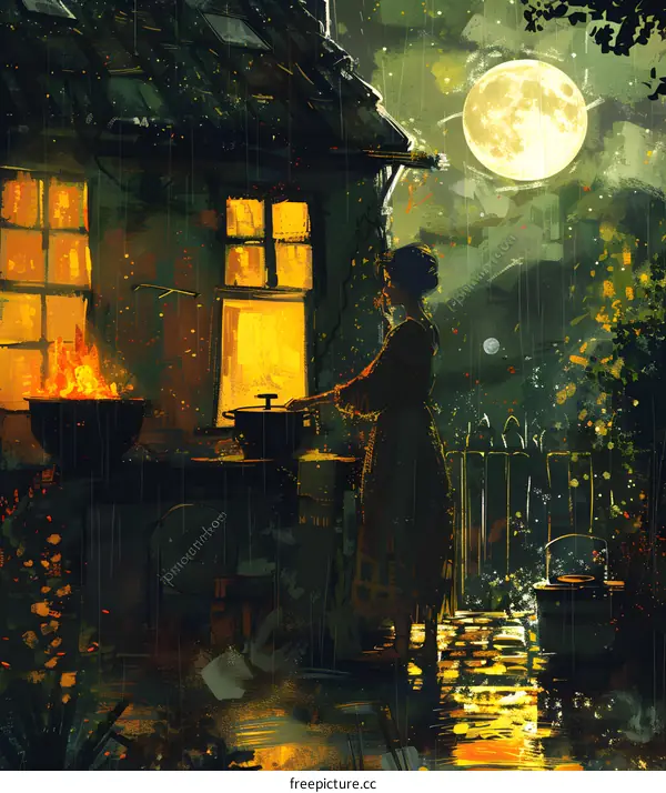 woman cooking in the rain outside a cottage
