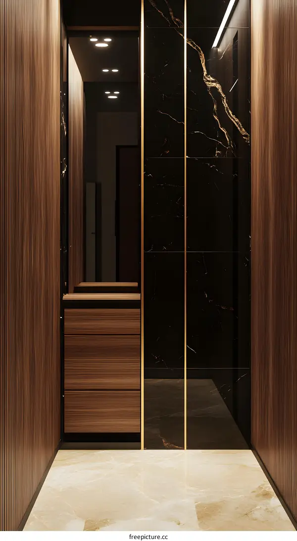 Modern Interior Design with Wood Paneling and Marble Walls