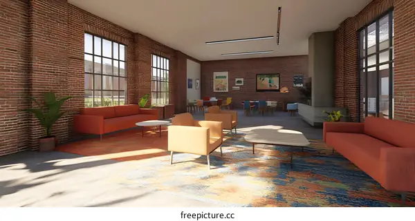 Modern Interior Design with Brick Walls and Colorful Furniture