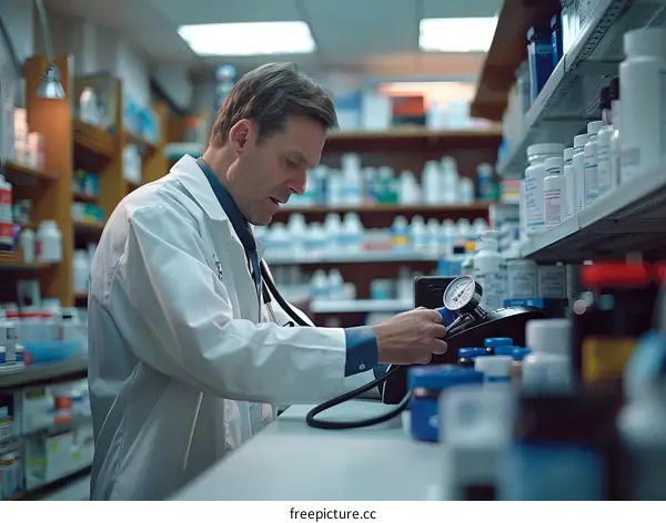 Male pharmacist wearing a white coat and stethoscope uses a blood pressure cuff to take the blood pressure of a customer in a pharmacy.