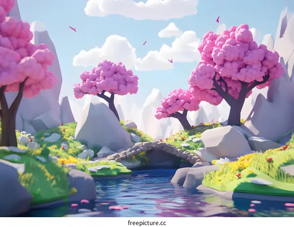Low Poly Landscape With Bridge and Pink Trees
