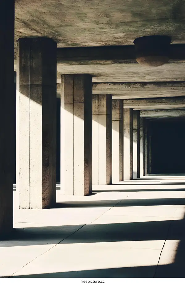 Concrete Columns and Shadow Patterns Underneath a Building