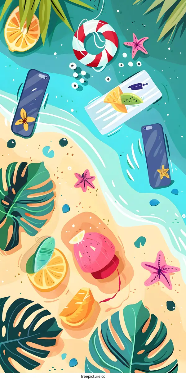 Summer Beach Illustration With Tropical Leaves And Starfish