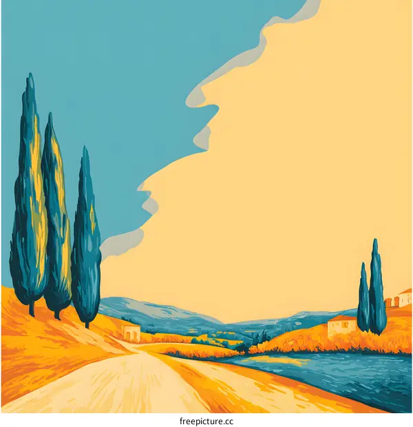 Vintage Style Illustration of a Countryside Landscape with Cypress Trees